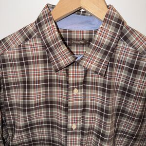 J Mclaughlin Men's Sz XL Dress Shirt Brown Tan Orange Plaid Classic Smart Casual